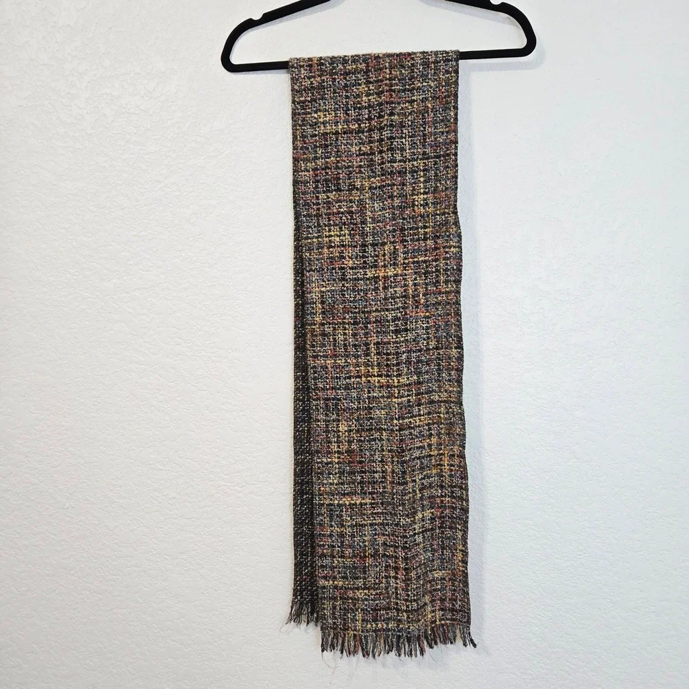Double D Ranch Wool Blend Tweed Scarf Multi Color Fringed Made in USA